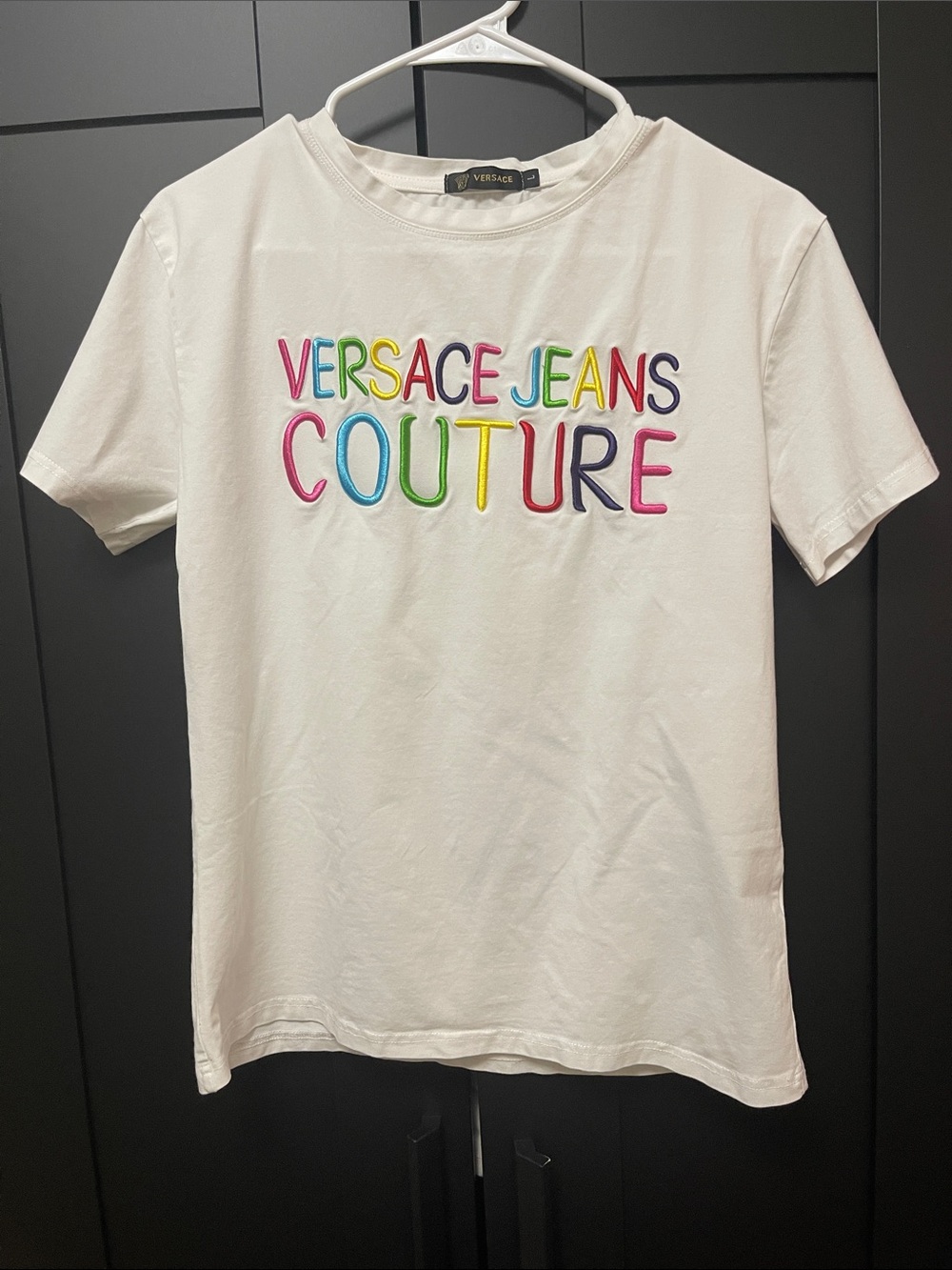 Versace Jeans Collection White T-Shirt with Multicolor Embroidered Logo